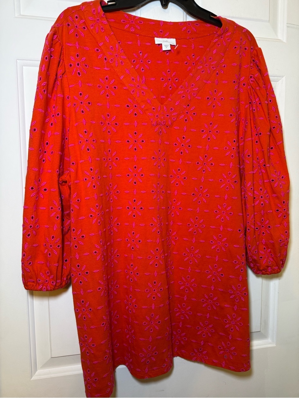 J. Jill Bright Orange & Hot Pink Eyelet Blouse XL V Neck Vibrant Euro Summer